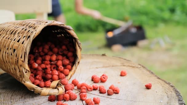 Малина в корзине для рубки деревьев на фоне горящего шашлыка летом. Барбекю, приготовление пищи на гриле . — стоковое видео