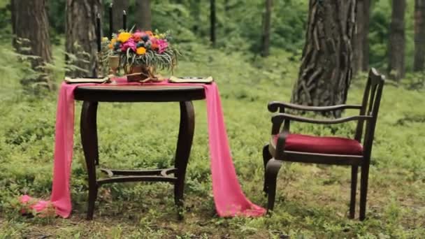 Bruiloft decoratie op natuur in het bos. Bruiloft Decoratie in roze tinten. — Stockvideo