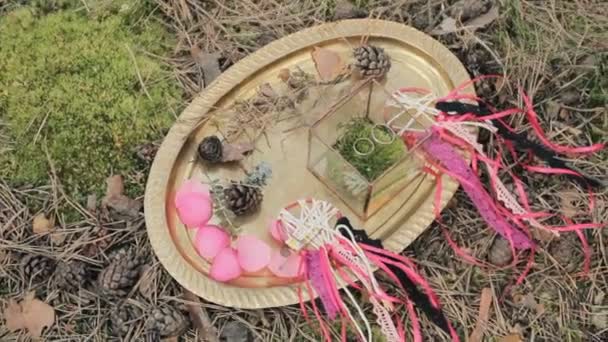 Anillos de compromiso y de boda en una caja decorada. Boho. — Vídeos de Stock