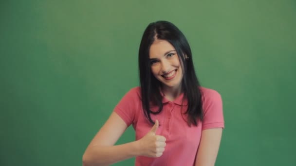 Winner, success concept. Happy overjoyed woman celebrating successful shouting. Green background, summer. — Stock Video