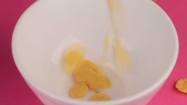 Desayuno Amarillo Copos de maíz en un tazón blanco sobre fondo rosa . — Vídeo de stock