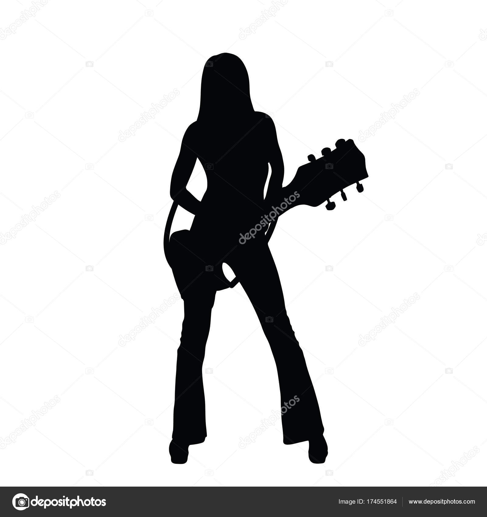 Dziewczyna Rysunek Sylwetka Z Gitara Ilustracja Kolor Czarny
