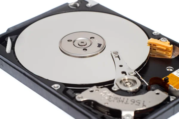 Close up inside of 2.5" computer hard disk drive HDD isolated Stock Image