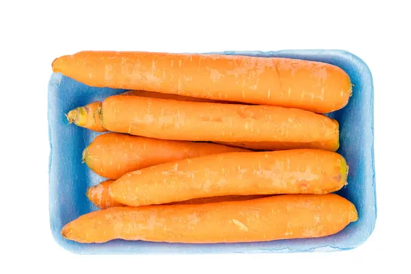 Carrots Blue Retail Package Top View Isolated White Background Clipping — Stock Photo, Image