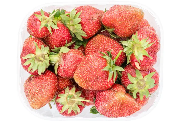 Vue Dessus Sur Les Fraises Biologiques Fraîches Mûres Dans Emballage — Photo