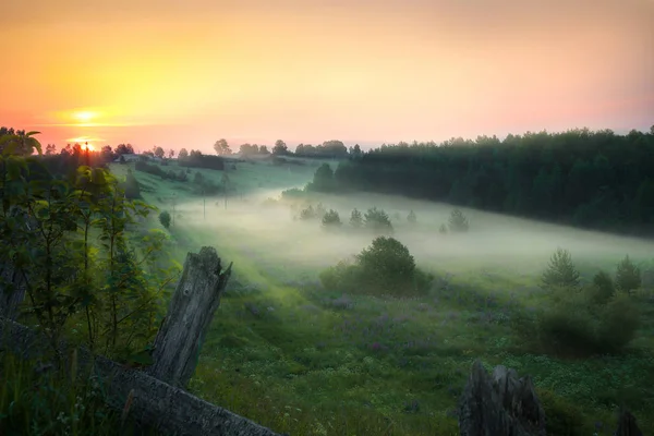 Schöne ländliche Landschaft am Morgen. Sonnenaufgang. Morgendämmerung. — Stockfoto