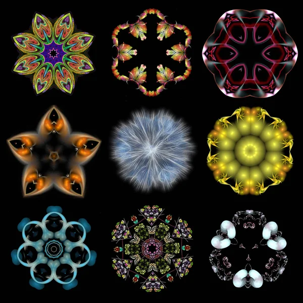 Conjunto de patrones de color abstractos sobre fondo negro aislado —  Fotos de Stock