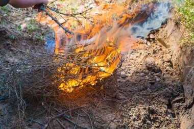 Ormanın kırsalında güvenli bir ateş yakmak.