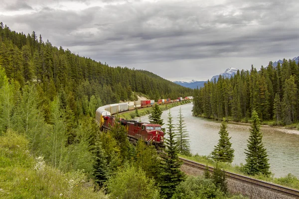 Tren de carga en el Valle del Arco - Parque Nacional Banff Imagen de archivo