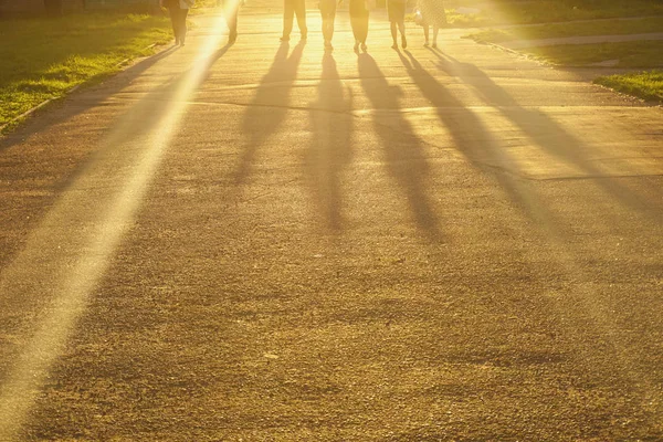 Skuggor flickor i soliga strålar, solnedgång. — Stockfoto