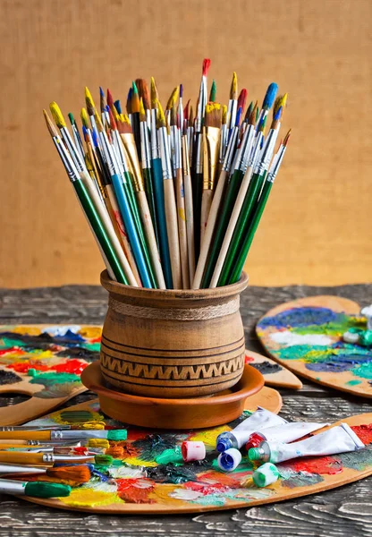 Paints and brush for drawing — Stock Photo, Image