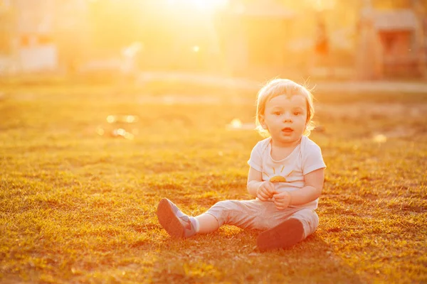 Niño Pequeño Prado Sonriendo Atardecer Hora Dorada —  Fotos de Stock