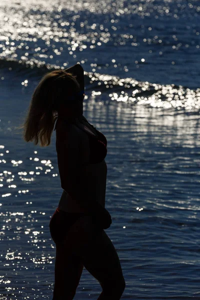Silueta de una chica de pie en la orilla del mar . — Foto de Stock