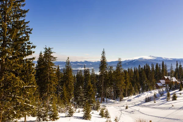 Invierno montañas paisaje con un bosque nevado y cabaña de madera en la mañana soleada — Foto de Stock