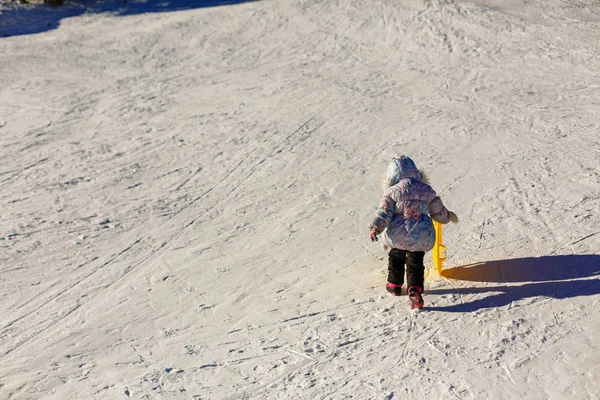 Klein meisje in winter kleding duwt een houten slee door naar de top van besneeuwde heuvel. Vanuit laag perspectief. — Stockfoto