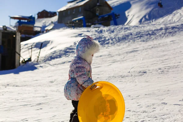 Liten flicka i vinterkläder pressar en trä släde toppen av snötäckta berg. Sett från låga perspektiv. — Stockfoto