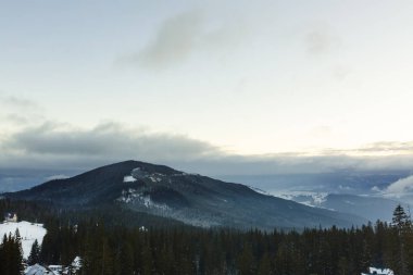 Güneş ışığı tarafından parlak fantastik turuncu akşam manzara. Karlı ağaçları ile dramatik kış sahne. Karpatlar, Ukrayna, Avrupa. Mutlu Noeller