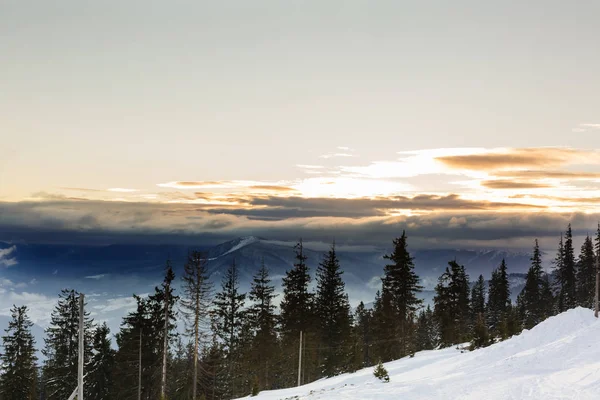 Salida del sol en el paisaje de montaña de invierno. en Montañas Cárpatos, Ucrania — Foto de Stock