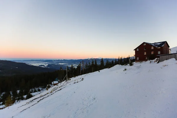 El perro blanco se encuentra con una cabaña de guardia del amanecer en las montañas. Dragobrat Mountain Western Ukraine. Pequeña casa en el  . — Foto de Stock