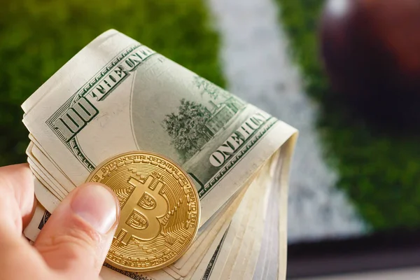 Altın bitcoin para Doları dijital para spor karşı top — Stok fotoğraf