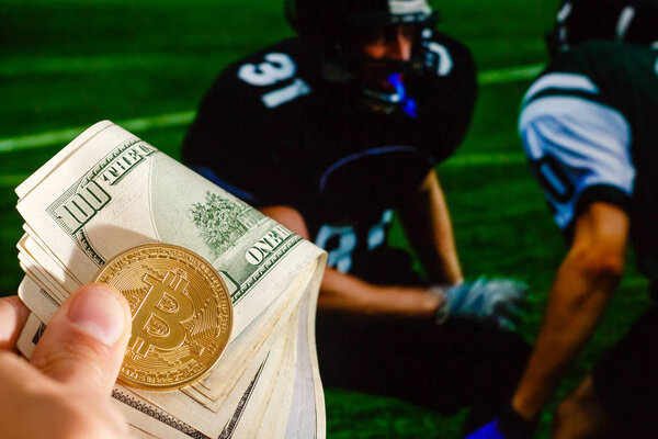 Golden bitcoin coin dollar against digital currency sports, foot