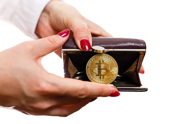 Bitcoin bitcoin con dólar en monedero aislado fondo blanco — Foto de Stock