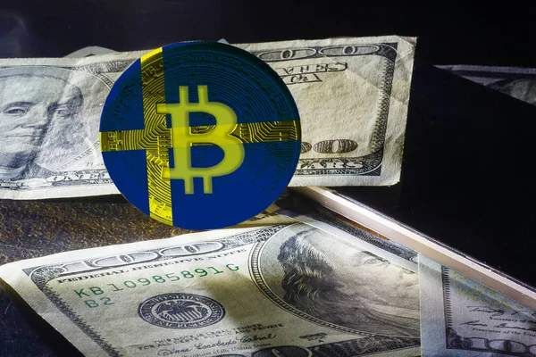 Bitcoin dolarů na černém pozadí zlatý bitcoiny wit Švédsko — Stock fotografie