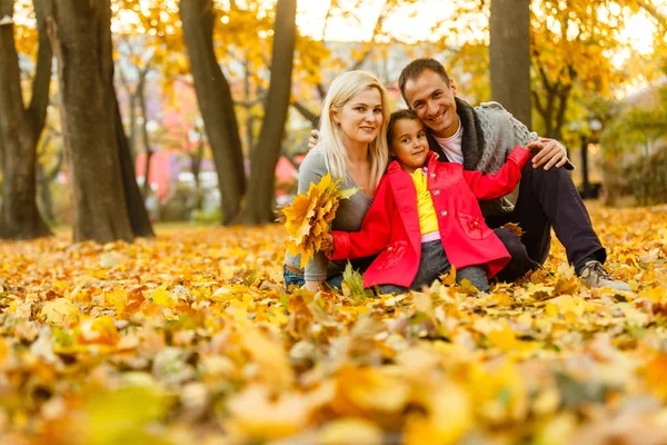 Boldog Család Gyönyörű Őszi Parkban Pihen — Stock Fotó