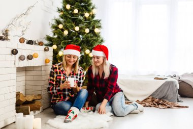 Noel eşyalarıyla süslü odada poz veren kız kardeşler. 