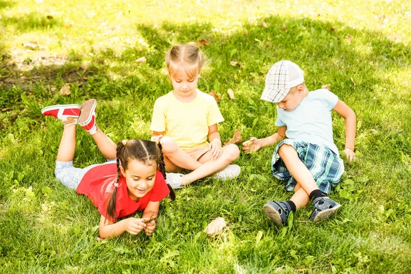 Tres Niños Parque Están Sentados Hierba Con Teléfono — Foto de Stock