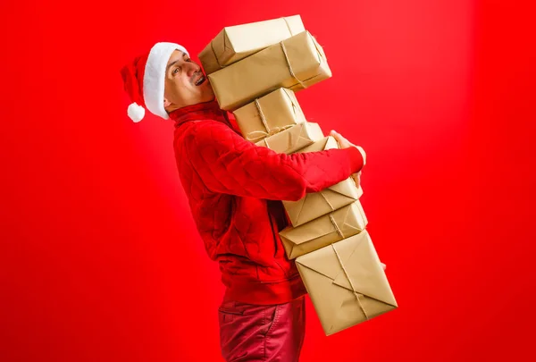 Santa Claus Carrying His Hands Many Gifts — Stock Photo, Image