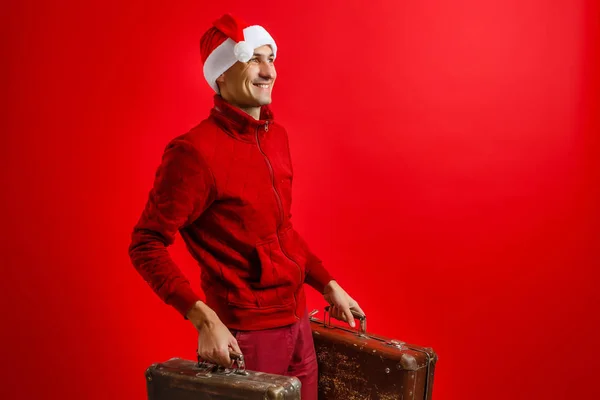 Natal Conceito Viagem Turística Papai Noel Com Malas Vai Viajar — Fotografia de Stock