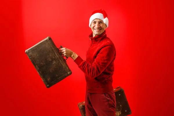 Weihnachten Tourismuskonzept Der Weihnachtsmann Mit Koffer Wird Den Planeten Reisen — Stockfoto