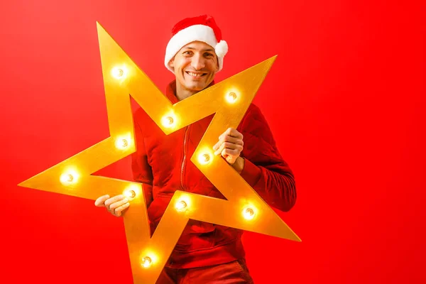 Man Santa Hat Decorative Star Lights Christmas — Stock Photo, Image