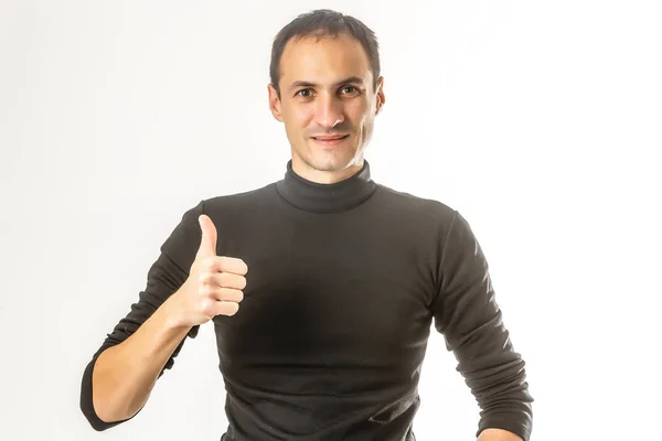 カジュアルな シャツと白い背景上分離された撮影 Selfie ながらを親指でカメラに笑顔の顔に剛毛でハンサムな男の写真 — ストック写真