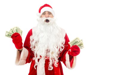 Noel Baba beyaz arka plan üzerinde izole para tutan