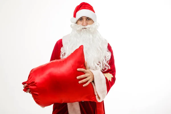 Muž Kostýmu Santa Clause Drží Červený Pytel Dárky — Stock fotografie
