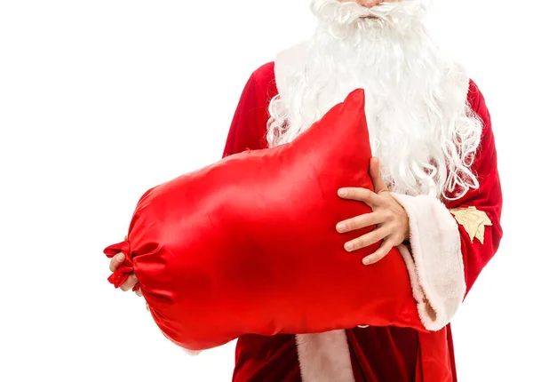 Man Kerstman Kostuum Met Een Rode Zak Met Cadeautjes — Stockfoto