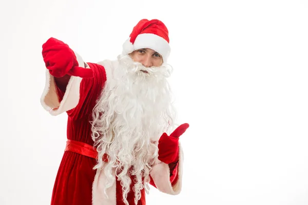 Mann Weihnachtsmann Kostüm Hält Einen Roten Sack Mit Geschenken — Stockfoto