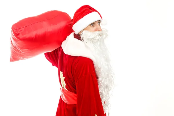 Man Santa Claus Costume Holding Red Sack Presents — Stock Photo, Image
