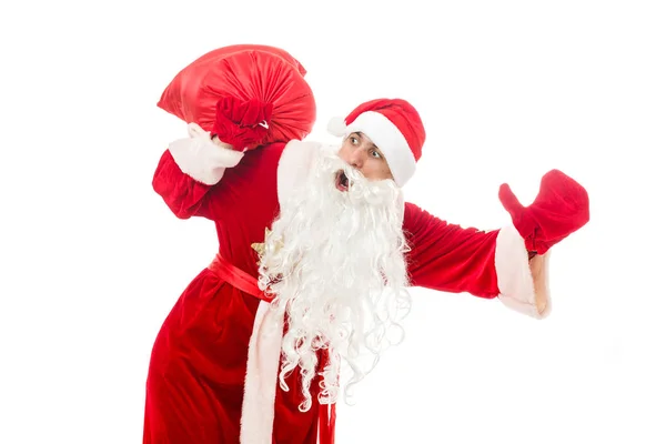 Mann Weihnachtsmann Kostüm Hält Einen Roten Sack Mit Geschenken — Stockfoto