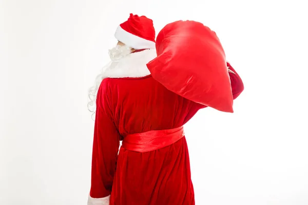 Mann Weihnachtsmann Kostüm Hält Einen Roten Sack Mit Geschenken — Stockfoto