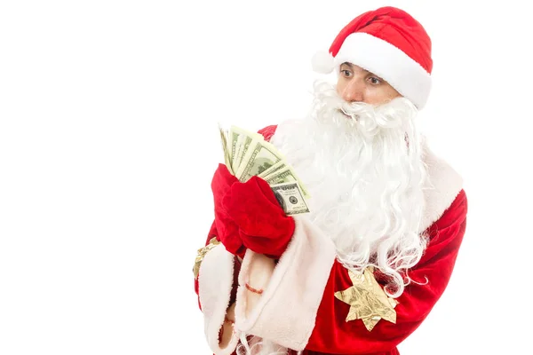 Weihnachtsmann Hält Geld Isoliert Auf Weißem Hintergrund — Stockfoto