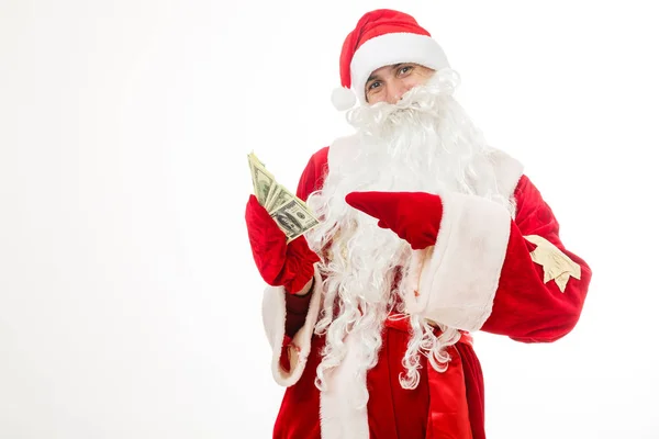 Санта Клаус Держит Деньги Изолированы Белом Фоне — стоковое фото