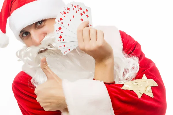 Père Noël Tenant Des Cartes Jouer Isolé Sur Blanc — Photo