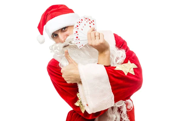 Weihnachtsmann Mit Spielkarten Isoliert Auf Weiß — Stockfoto