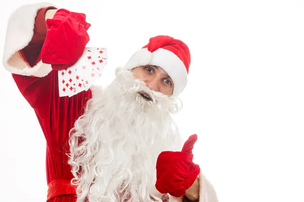 Santa Celebración Jugando Las Cartas Aislado Blanco —  Fotos de Stock