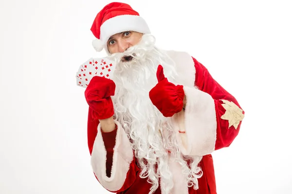 Santa Celebración Jugando Las Cartas Aislado Blanco —  Fotos de Stock