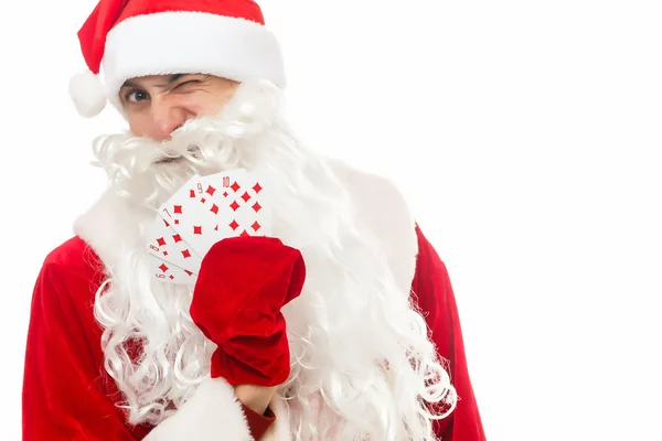 Père Noël Tenant Des Cartes Jouer Isolé Sur Blanc — Photo