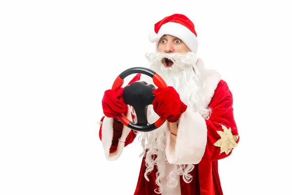 Babbo Natale Emotivo Con Volante Sfondo Bianco — Foto Stock